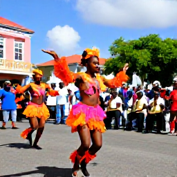 Caribbean Holidays, Martinique in February, Traditional Martinique Carnival performers in bright costumes dancing in a town square, with local musicians and spectators