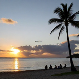 Caribbean Holidays, Martinique in June, Golden Martinique beach at sunset with palm trees, calm Caribbean water and a small group enjoying a relaxed evening