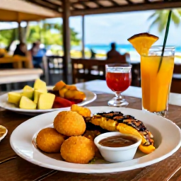 Caribbean Holidays, Martinique in June, Traditional Martinique food served at a relaxed open-air restaurant, including accras, grilled fish, plantain and tropical fruit