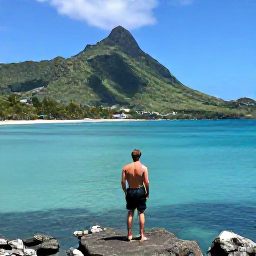 Caribbean Holidays, Martinique in June, Traveller enjoying a peaceful June holiday in Martinique, looking across a tropical bay with green hills and clear Caribbean water