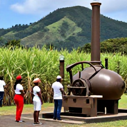 Caribbean Holidays, Martinique in June, Visitors exploring a historic rum distillery in Martinique, with sugar cane fields, old machinery and tropical hills in the background