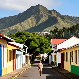 Caribbean Holidays, Martinique in May, Backpacker walking through a colourful Martinique town in warm May sunshine, with tropical hills in the background