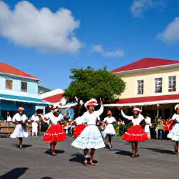 Caribbean Holidays, Martinique in May, Colourful Martinique street festival in May with traditional dancers, musicians and local decorations in a historic town square