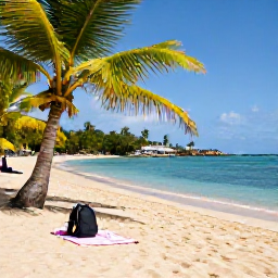 Caribbean Holidays, Martinique in May, Golden sandy beach on Martinique with calm turquoise water, palm trees and a small backpack beside a towel
