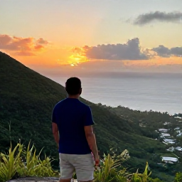 Caribbean Holidays, Martinique in May, Martinique nature traveller enjoying a scenic viewpoint over green hills and the Caribbean Sea at sunset