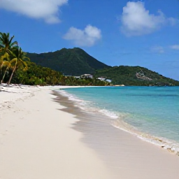 Caribbean Holidays, Martinique in May, Quiet Martinique beach in May with turquoise water, pale sand, palm trees and green hills in the background
