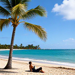 Caribbean Holidays, Martinique in May, Quiet Martinique beach in May with turquoise water, palm trees and a traveller relaxing after exploring the island