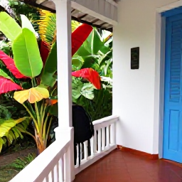 Caribbean Holidays, Martinique in May, Simple welcoming guesthouse in Martinique surrounded by tropical plants, with a backpack on the veranda