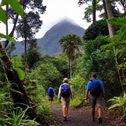 Caribbean Holidays, Martinique in October, Hikers walking through tropical rainforest on Mount Pel&eacute;e in Martinique, surrounded by dense foliage and misty mountain scenery