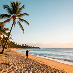 Caribbean Holidays, Martinique Instagram, A wide golden beach in Martinique at sunrise, with palm trees, calm turquoise sea and a traveller taking a photograph