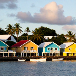 Caribbean Holidays, Martinique Instagram, Colourful waterfront houses, fishing boats and palm trees along the seafront in Le Carbet, Martinique, in warm morning light
