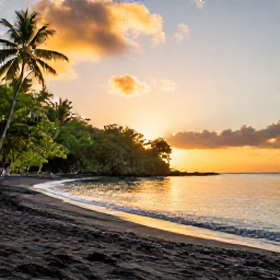 Caribbean Holidays, Martinique Instagram, Golden sunrise over Anse Couleuvre beach in Martinique, with volcanic sand, tropical greenery and calm sea