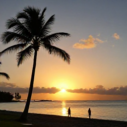 Caribbean Holidays, Martinique Instagram Hotspots, A colourful sunset over a Martinique beach, with silhouetted palm trees, calm sea and a couple walking beside the water