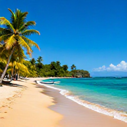 Caribbean Holidays, Martinique Instagram Hotspots, A secluded tropical beach in southern Martinique with clear turquoise water, golden sand, palm trees and a small wooden boat