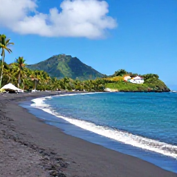 Caribbean Holidays, Martinique Instagram Hotspots, Black volcanic sand beach with turquoise sea, palm trees and green hills at Anse Couleuvre, Martinique