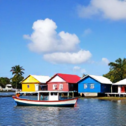 Caribbean Holidays, Martinique Instagram Hotspots, Colourful fishing boats and traditional wooden houses beside the waterfront in Le Robert, Martinique, under a bright blue sky