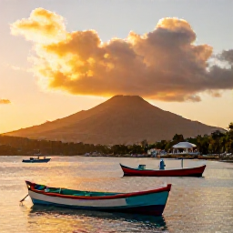 Caribbean Holidays, Martinique Instagram Hotspots, Colourful fishing boats on the waterfront at Le Carbet, Martinique, with a golden sunset and Mount Pel&eacute;e in the distance