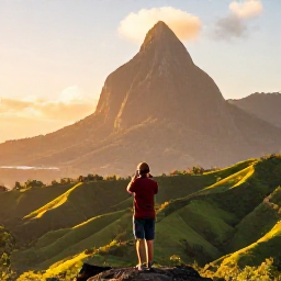 Caribbean Holidays, Martinique Instagram Hotspots, Golden sunrise over Le Morne-Rouge and the green volcanic slopes of northern Martinique, with a traveller taking photographs
