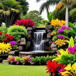 Caribbean Holidays, Martinique Instagram Hotspots, Lush tropical garden with colourful flowers, palms and a stone waterfall at Jardin de Balata near Fort-de-France