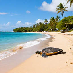 Caribbean Holidays, Martinique Instagram Hotspots, Palm-fringed Anse Dufour beach in Martinique with clear turquoise water, golden sand and a sea turtle near the shore