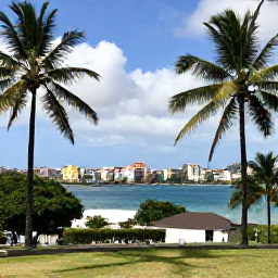 Caribbean Holidays, Martinique Instagram Hotspots, Panoramic view from La Savane park in Fort-de-France, Martinique, showing palm trees, the bay and colourful city buildings