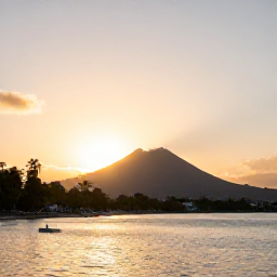 Caribbean Holidays, Martinique Instagram Hotspots, Sunset over Mount Pel&eacute;e and the Caribbean coastline near Saint-Pierre, Martinique, with warm evening light and a quiet waterfront