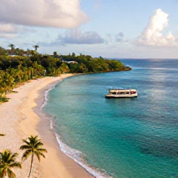 Caribbean Holidays, Martinique Instagram Hotspots, Turquoise lagoon and palm-fringed beach at Les Salines in southern Martinique, viewed from above with warm afternoon light