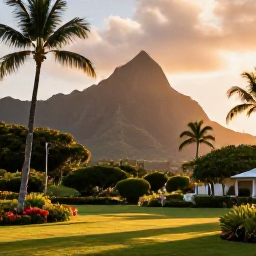 Caribbean Holidays, Martinique Instagram, Palm-lined tropical garden in Martinique at golden hour, with volcanic mountains and warm evening light