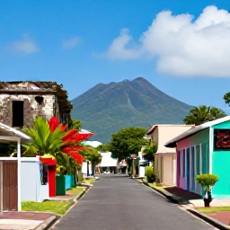 Caribbean Holidays, Martinique Instagram Spots, A colourful street in Saint-Pierre, Martinique, with historic ruins, tropical plants and Mount Pel&eacute;e in the background