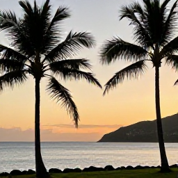 Caribbean Holidays, Martinique Instagram Spots, Golden-hour view from a scenic Martinique coastline, calm Caribbean sea and silhouetted palm trees in September