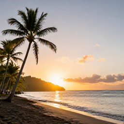 Caribbean Holidays, Martinique Instagram Spots, Golden sunrise over Anse Couleuvre beach in Martinique, tropical palms, volcanic sand and calm Caribbean Sea