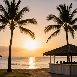 Caribbean Holidays, Martinique Instagram Spots, Golden sunset over a calm Caribbean bay with palm silhouettes and a stylish beach bar in Martinique
