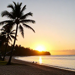 Caribbean Holidays, Martinique Instagram Spots, Golden sunset over Anse Dufour beach in Martinique, with calm sea, palm trees and a few silhouetted travellers