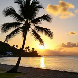 Caribbean Holidays, Martinique Instagram Spots, Golden sunset over Les Salines beach in Martinique, with palm silhouettes and calm Caribbean water