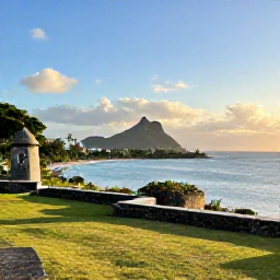 Caribbean Holidays, Martinique Instagram Spots, Panoramic view from La Savane park towards Fort-de-France bay and the Caribbean Sea in warm afternoon light