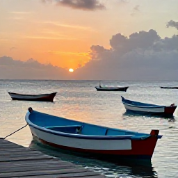 Caribbean Holidays, Martinique Instagram Spots, Sunset at Anse d'Arlet in Martinique, colourful fishing boats, wooden jetty and orange sky over calm Caribbean water