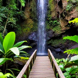 Caribbean Holidays, Martinique Instagram Spots, Waterfall in a lush rainforest near the Jardin de Balata in Martinique, tropical plants and a wooden footbridge