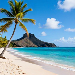 Caribbean Holidays, Martinique Instagram, Turquoise sea, pale sand, leaning palm trees and volcanic hills at Anse Couleuvre beach in northern Martinique