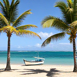 Caribbean Holidays, Martinique January, A bright coastal view of Martinique in January, with turquoise sea, palm trees and a traditional fishing boat near a sandy beach