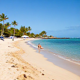 Caribbean Holidays, Martinique January, An uncrowded Martinique beach in January with golden sand, clear blue water, palm trees and a relaxed couple swimming near the shore