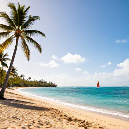 Caribbean Holidays, Martinique January Holidays, A bright January morning on a Martinique beach, with turquoise water, golden sand, palm trees and a small sailing boat offshore