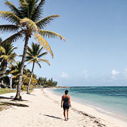 Caribbean Holidays, Martinique January Holidays, A solo traveller walking along a quiet palm-fringed beach in Martinique beneath bright January sunshine