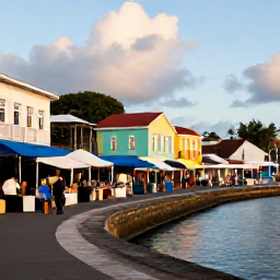 Caribbean Holidays, Martinique January Holidays, Colourful Fort-de-France waterfront in Martinique with market stalls, historic buildings and locals enjoying the morning