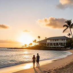 Caribbean Holidays, Martinique January Holidays, Couple enjoying a peaceful sunset on a Martinique beach beside an all-inclusive resort