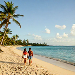 Caribbean Holidays, Martinique January Holidays, Couple walking along a quiet Martinique beach in warm January sunshine with turquoise water and palm trees
