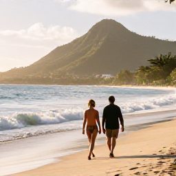 Caribbean Holidays, Martinique January Holidays, Couple walking along a sandy Martinique beach in January, with gentle waves, lush hills and warm afternoon sunlight