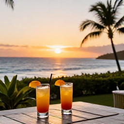 Caribbean Holidays, Martinique January Holidays, Elegant adults-only Martinique resort terrace at sunset with two glasses of rum punch overlooking the Caribbean Sea