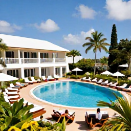 Caribbean Holidays, Martinique January Holidays, Elegant all-inclusive resort in Martinique with swimming pool, tropical gardens and guests relaxing in the sunshine