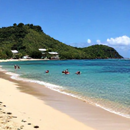 Caribbean Holidays, Martinique January Holidays, Golden beach at Anse Dufour in Martinique with clear water, snorkellers and green hills behind