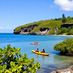 Caribbean Holidays, Martinique January Holidays, Kayakers exploring clear blue water along Martinique&rsquo;s tropical coastline, with mangroves, rocky cliffs and bright sunshine